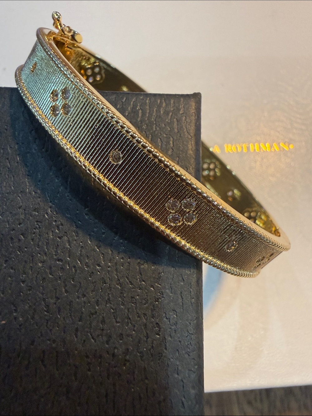 Freida Rothman Vault Gold Floral Bangle Bracelet w/ Clear Stones